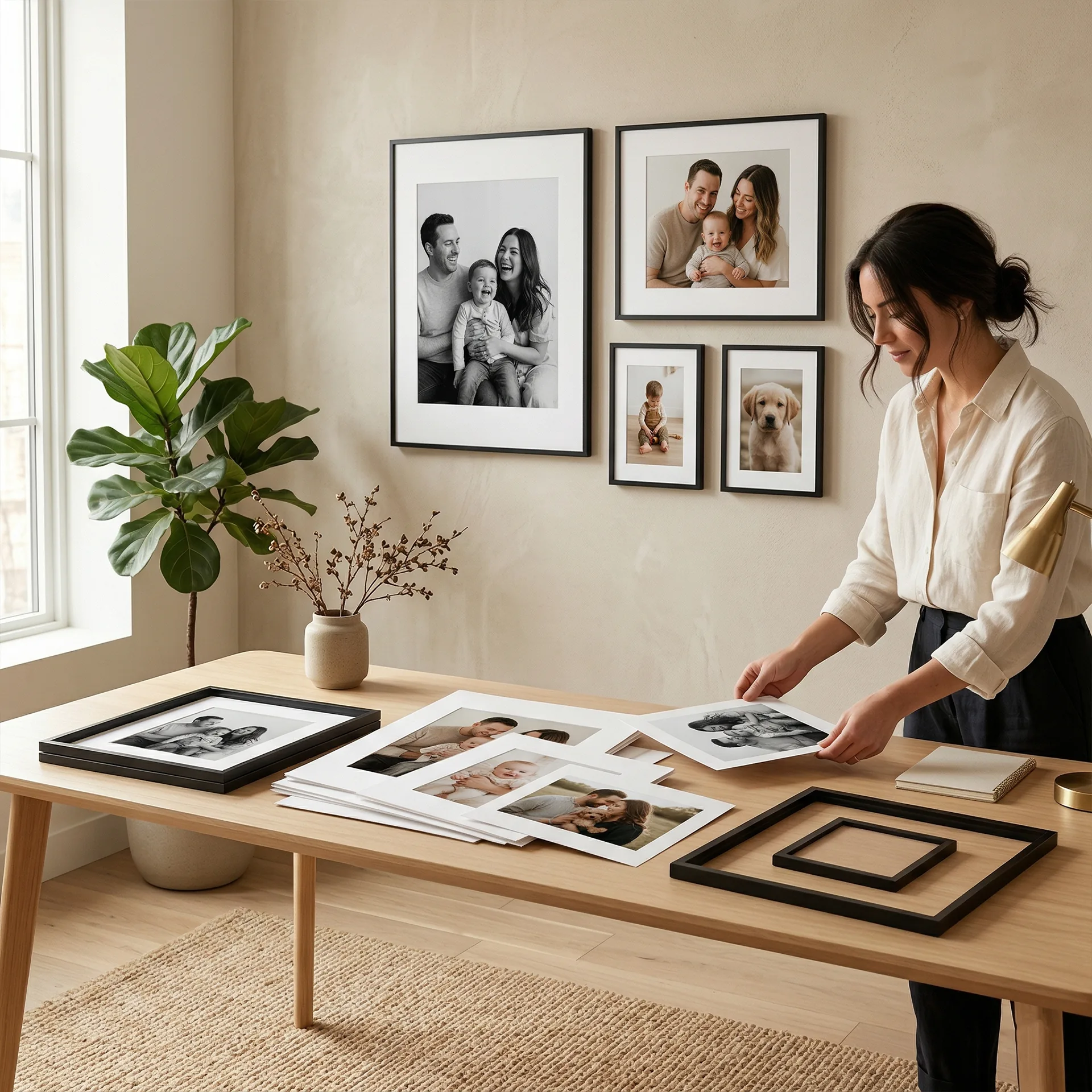Build Your Own custom photo prints with mixed sizes and thin black frames in a warm interior