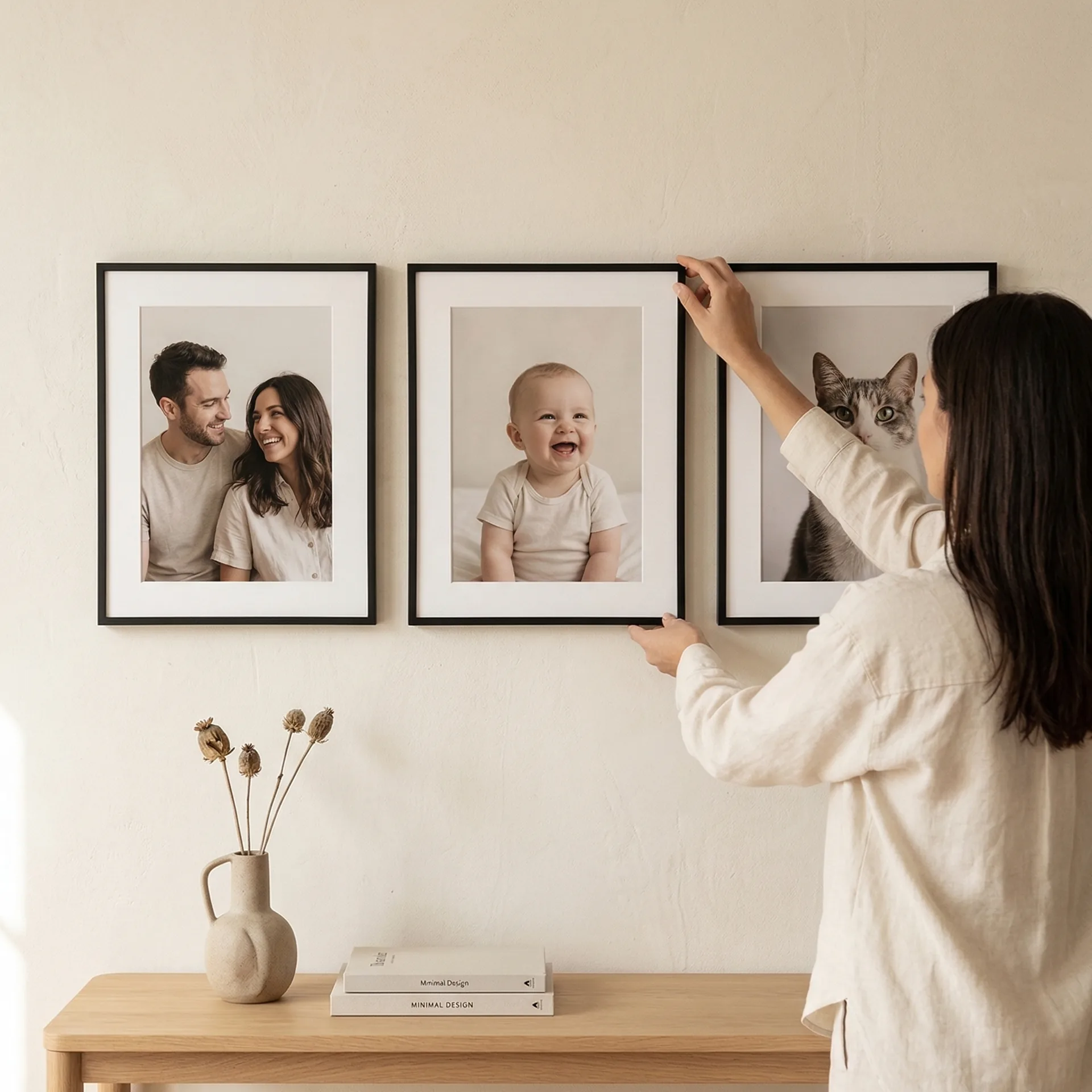 Gallery Wall Set with three framed 12 x 16 photo prints styled in a warm Toronto living room