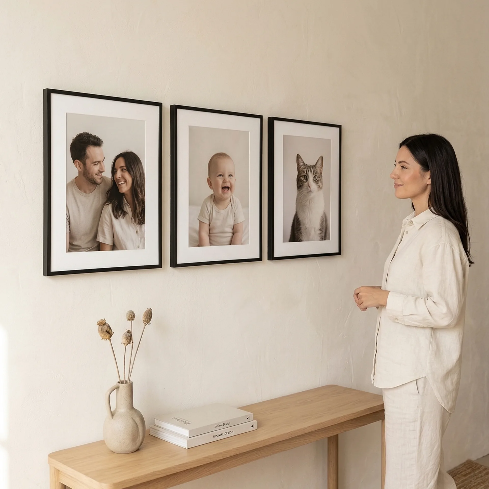 Gallery Wall Set from an angled view with three thin black framed 12 x 16 photo prints