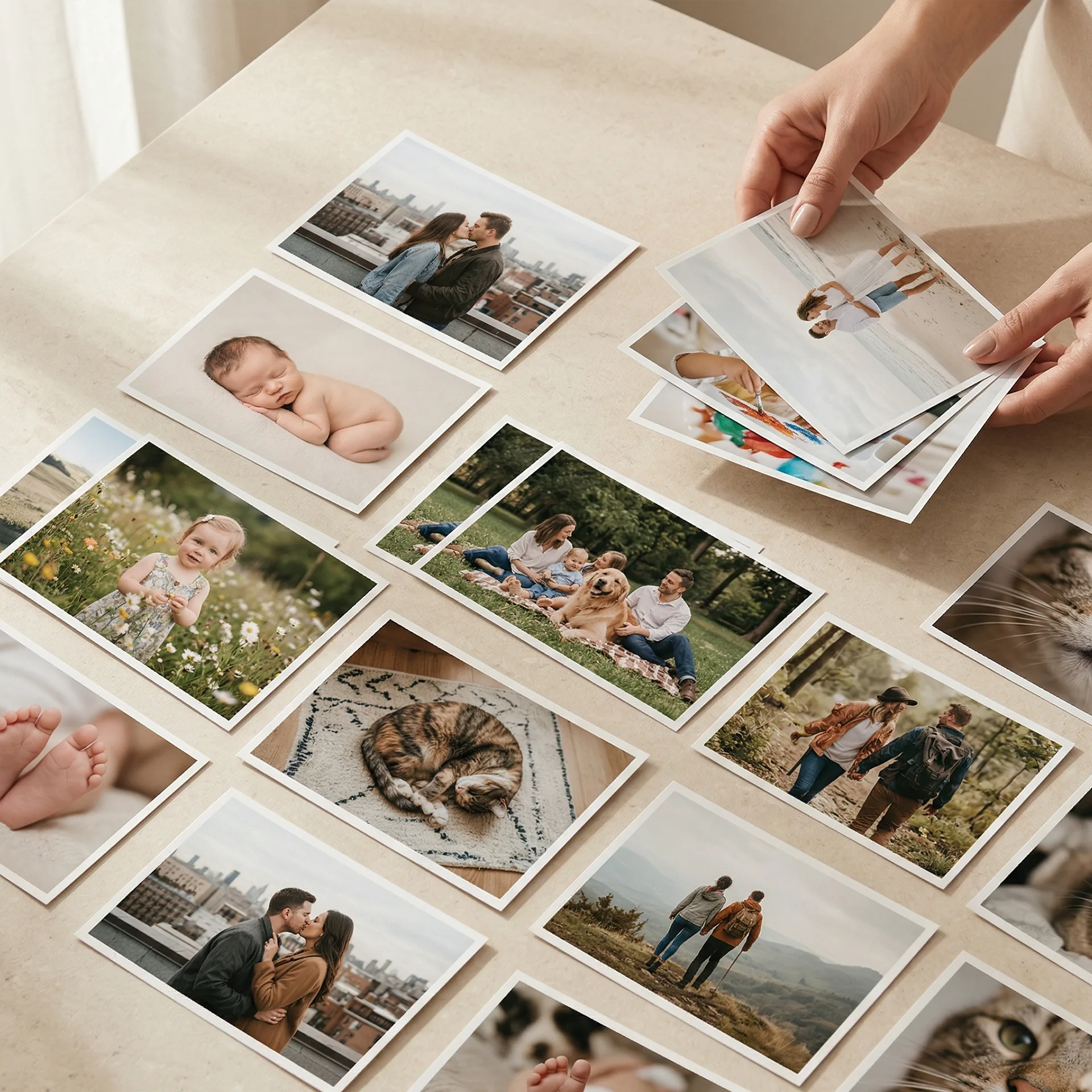 Keepsake Collection with fifteen 5 x 7 photo prints styled on a warm shelf and tabletop scene