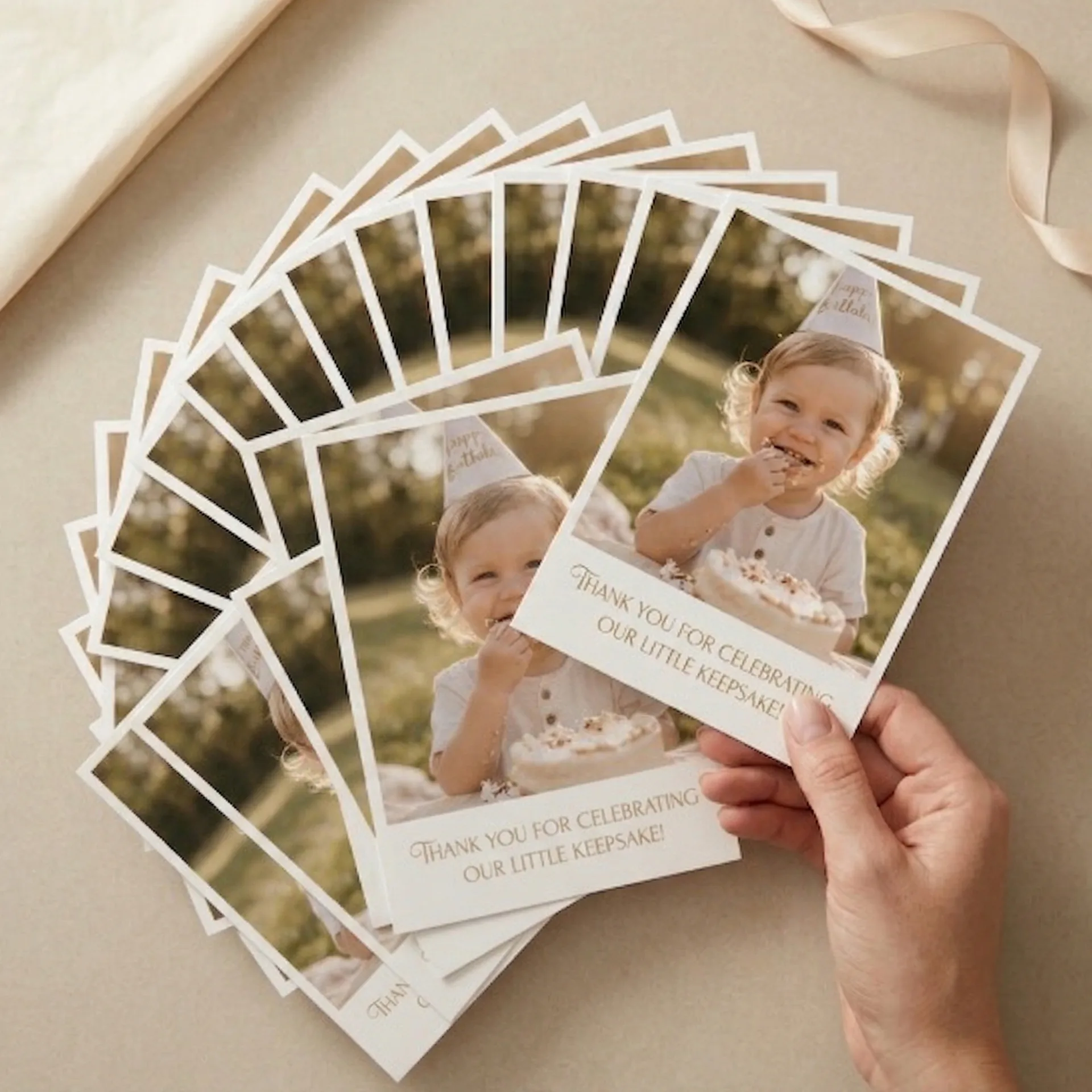 Close-up of the Keepsake Collection prints being held and arranged by hand