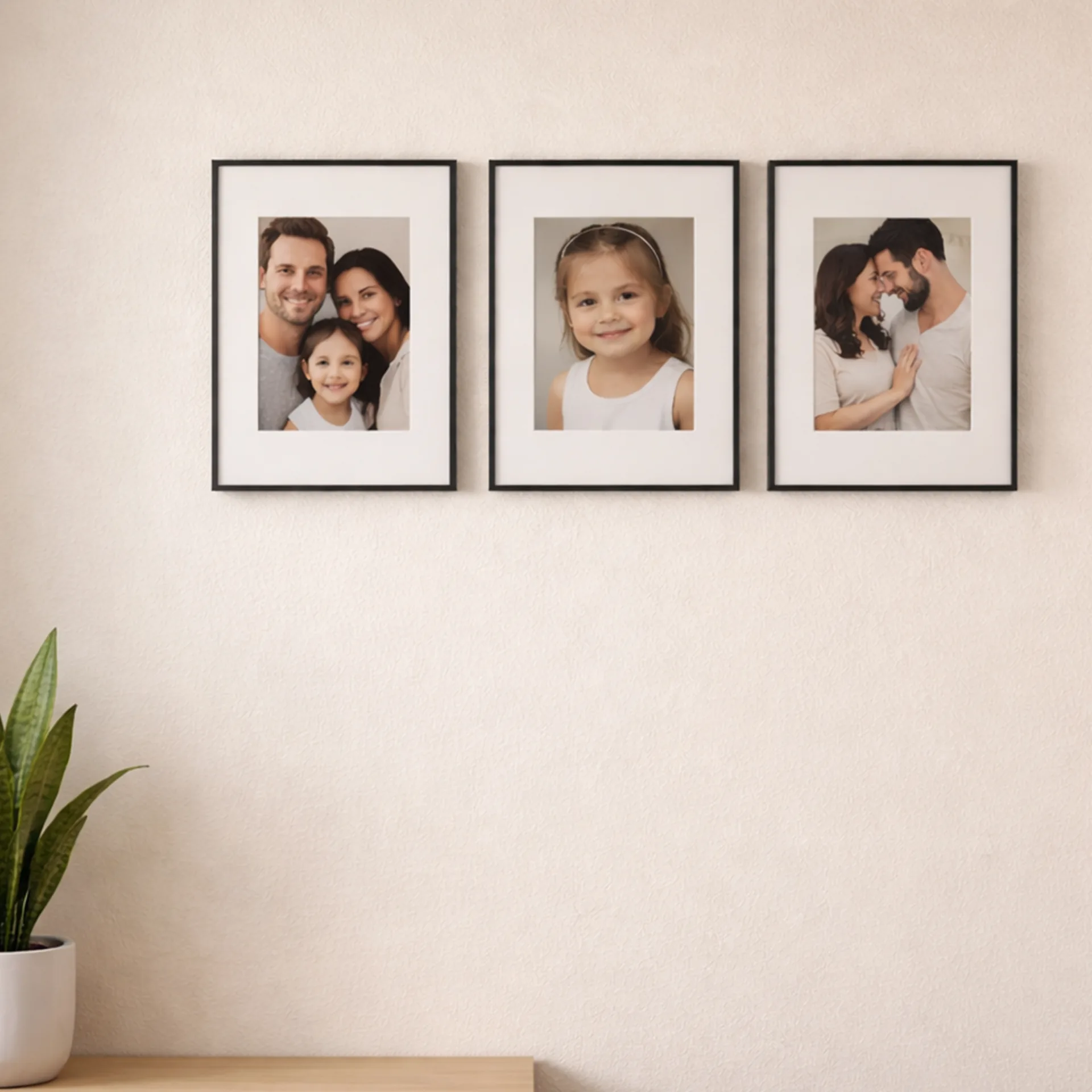 Portrait Set with three framed 8 x 10 family photo prints on a compact wall