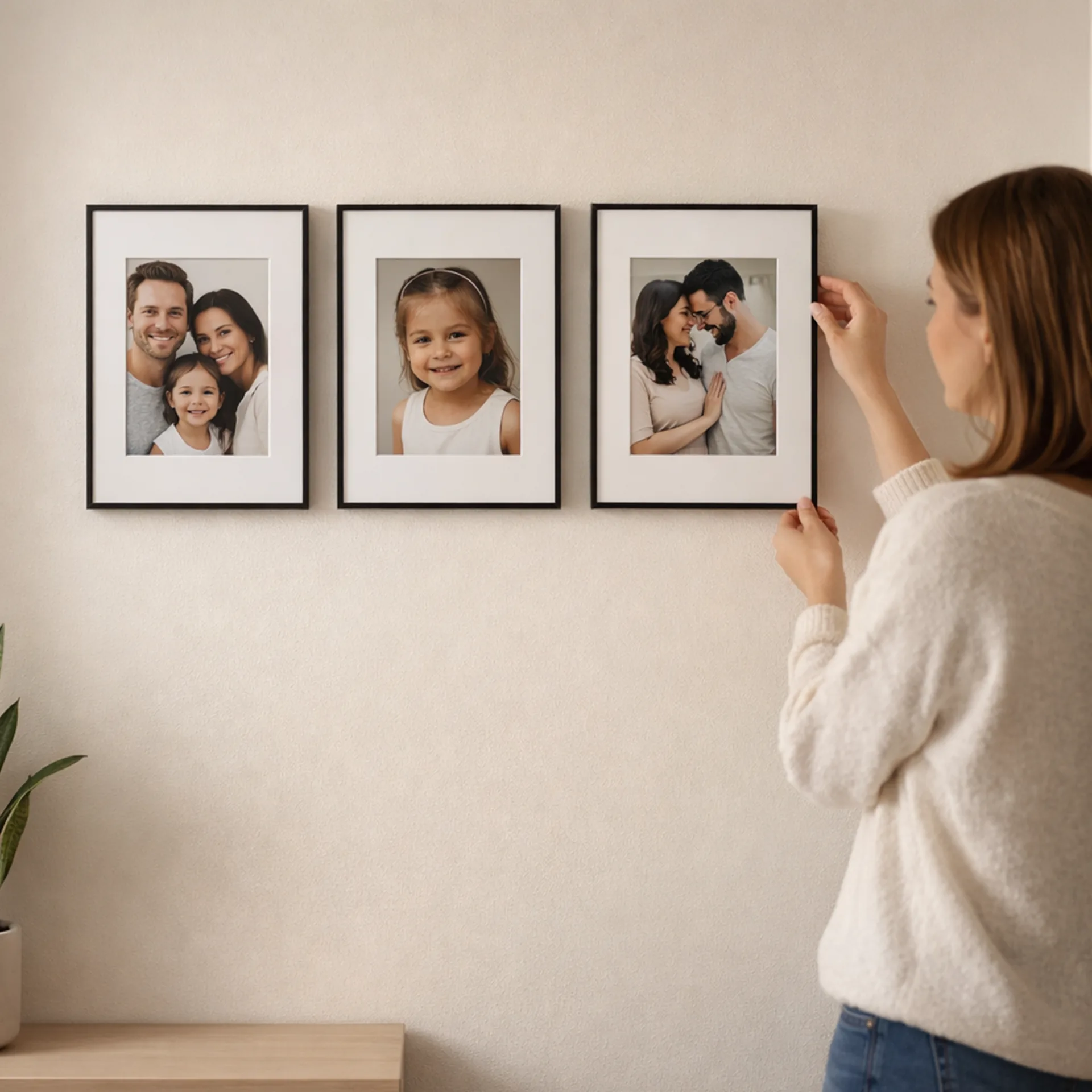 Portrait Set from an angled view with three thin black framed 8 x 10 photo prints