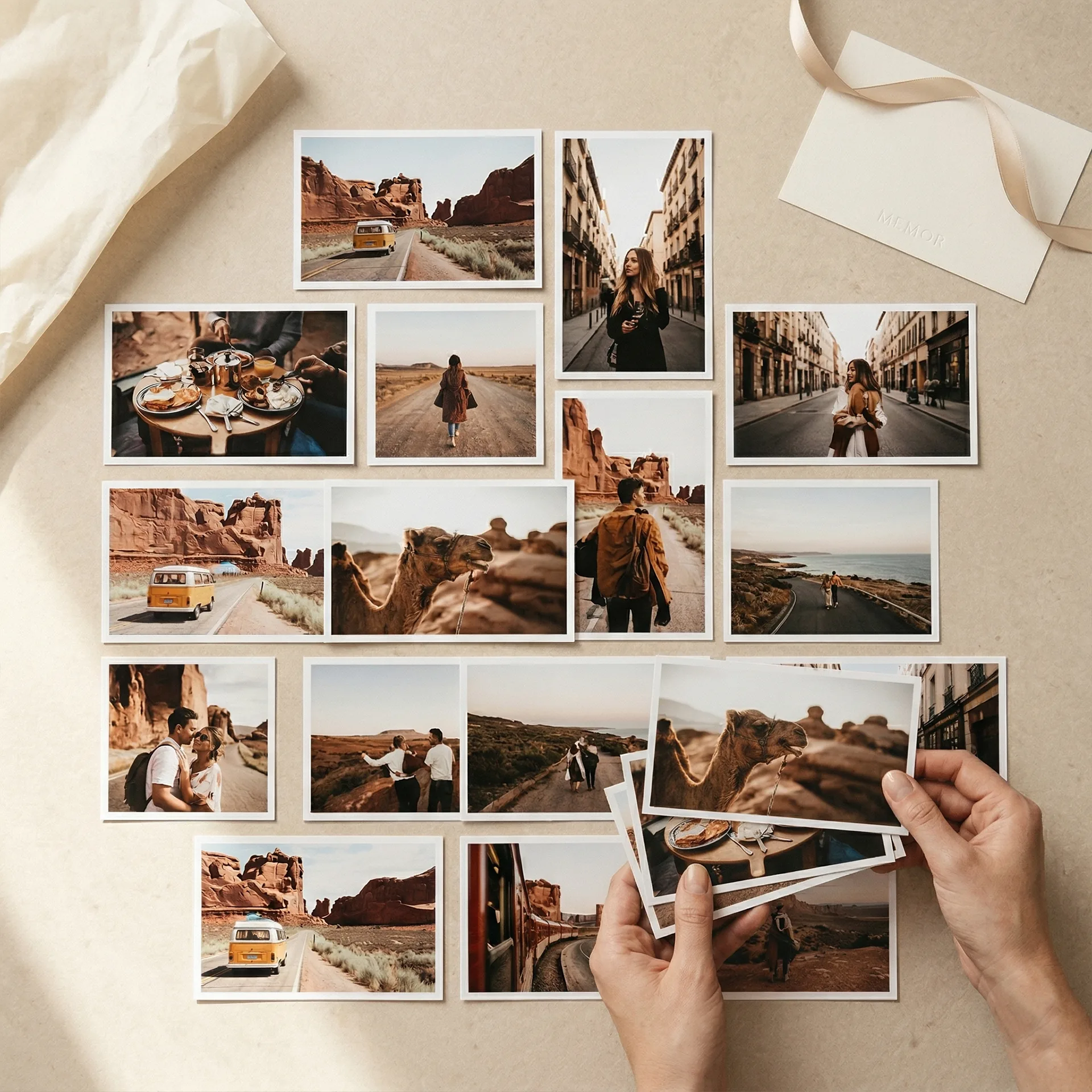 Postcard Collection with fifteen 4 x 6 photo prints styled on a warm tabletop gift scene