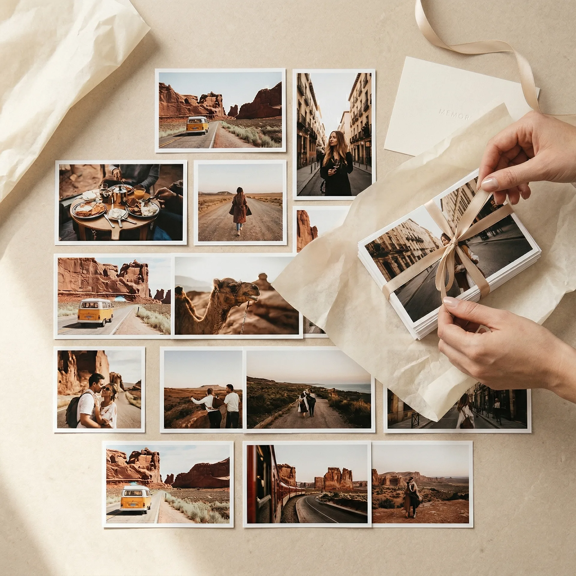 Postcard Collection from an angled tabletop view with 4 x 6 photo prints and note-card styling