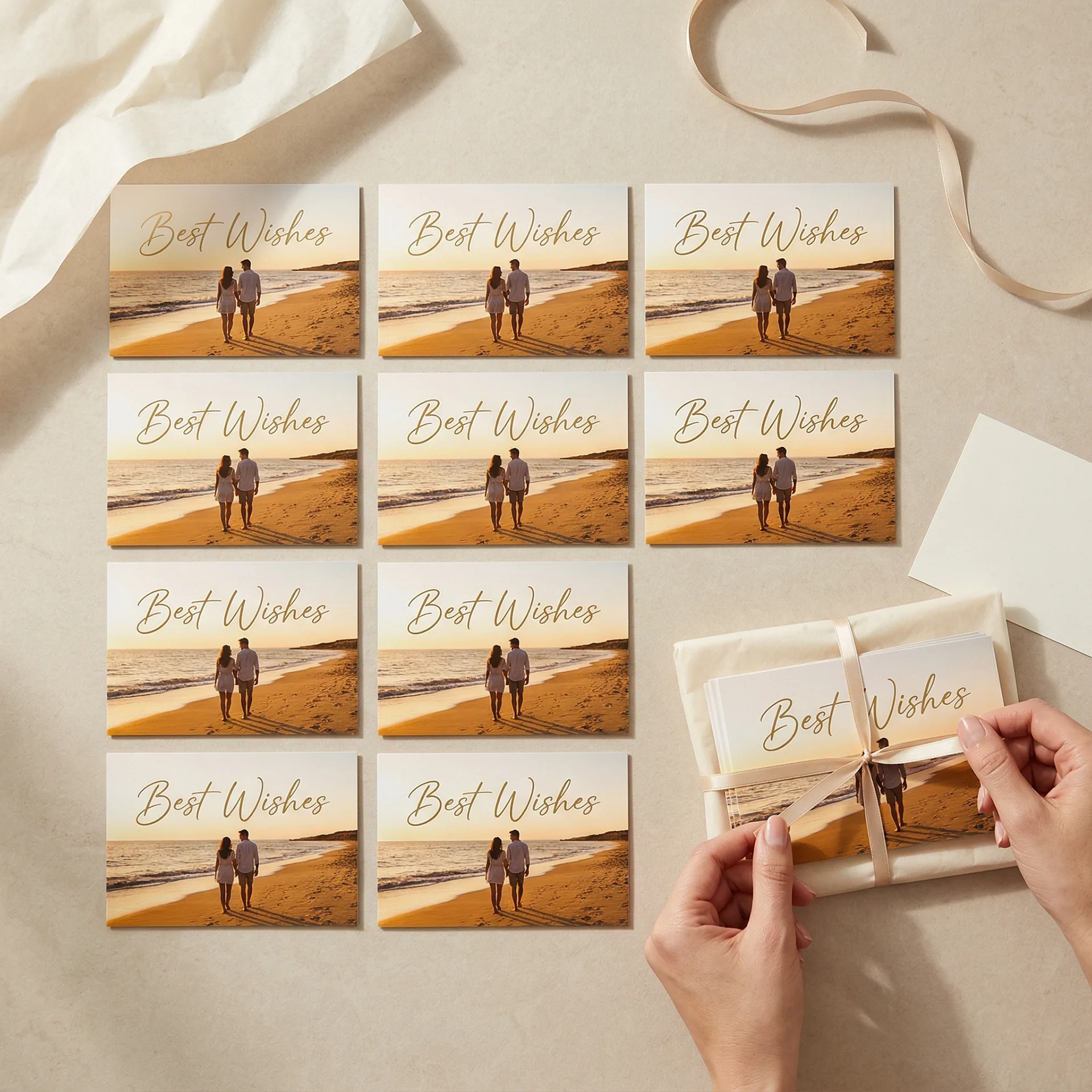 Close-up of the Postcard Collection prints being sorted by hand