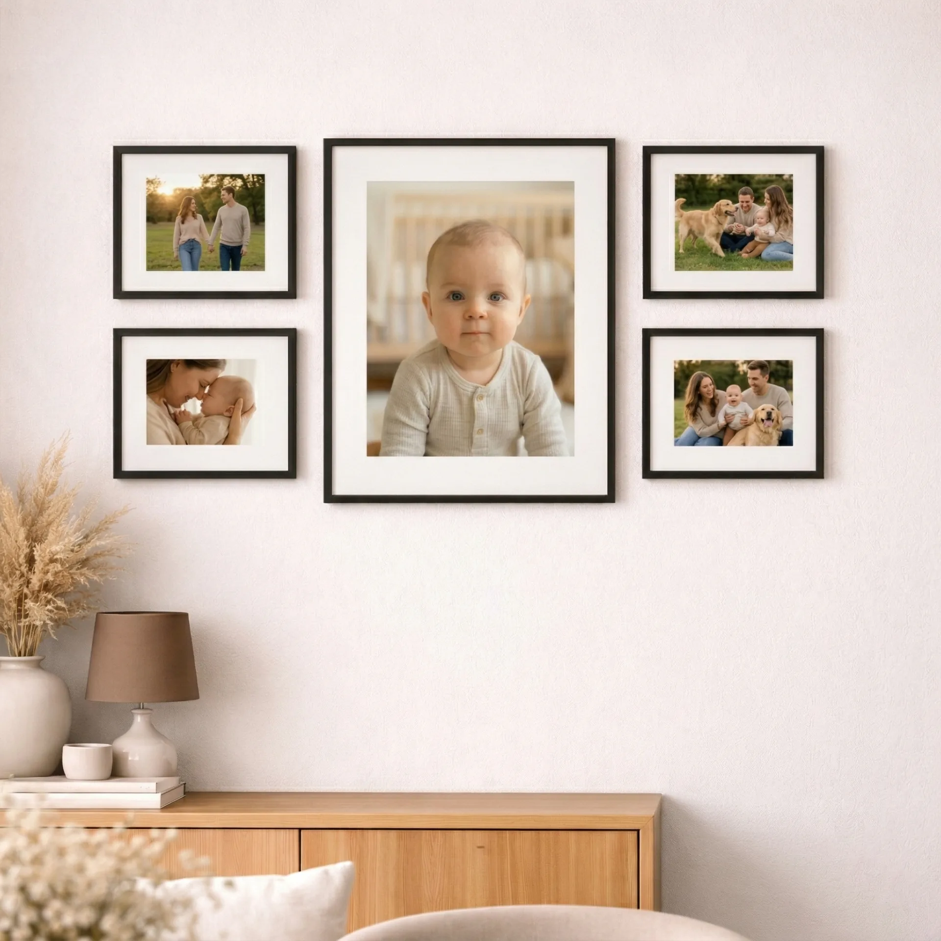 Story Set with one large hero print and four smaller framed photo prints on a warm wall