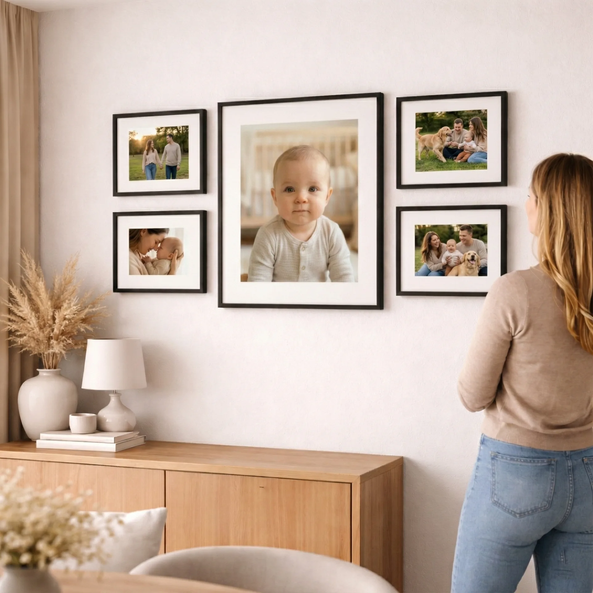 Story Set from an angled lifestyle view with one focal print and four accent frames